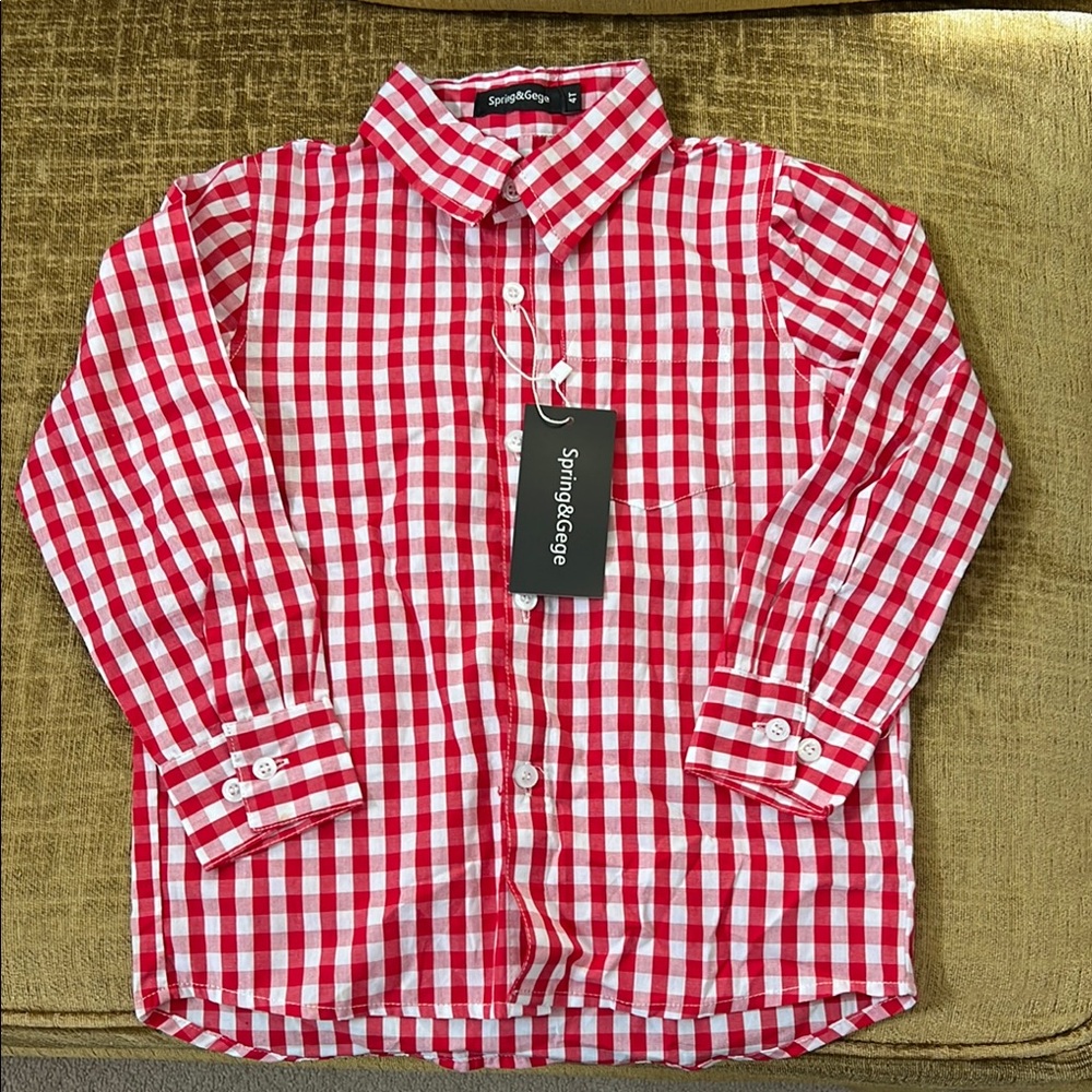 NWT Red Gingham Button Down Shirt with Long Sleeves